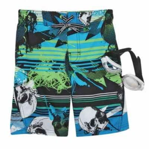 Zero Xposur Boys Blue & Green Skull Swim Trunks Board Shorts & Goggles Set 4 - Picture 1 of 1
