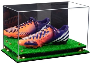 Shoe Display Case for Soccer Cleat w/ Mirror, Gold Risers & Turf Base (A013-GR) - Picture 1 of 1