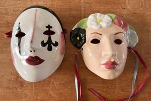 Clay Art Ceramic Wall Mask Mime Pierrot Lady Flowers Pair 1980s - Picture 1 of 5
