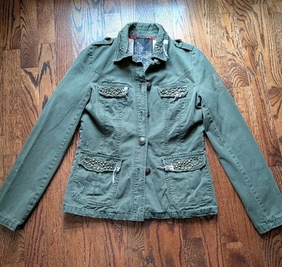 Miss Me Womens S Green Canvas Skull Cross Bling Studded Grunge Military Jacket - Image 1 of 4