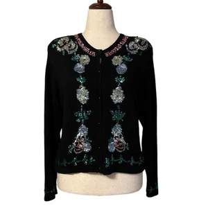 Cardigan maglione vintage Forenza nero seta angora paillettes perline floreale taglia S - Foto 1 di 9