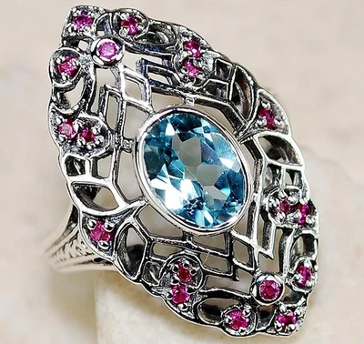 Anillo Art Deco de plata esterlina 925 maciza aguamarina y rubí de 2 quilates talla 7 F6-2 Foto 1 de 3