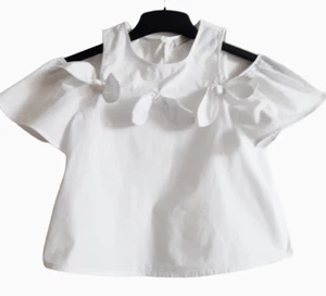 Zara Girls Open Shoulder White Top Bows Cotton Short Cap Sleeve 10 yrs/140 cm - Picture 1 of 8