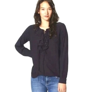 LOFT Blouse M Navy Ruffle Neckline Long Sleeve Lace-Up - Picture 1 of 7