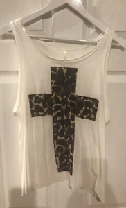 Leopard Cross weißes T-Shirt hinten abgeschnitten neu ohne Etikett Größe Medium - Bild 1 von 5