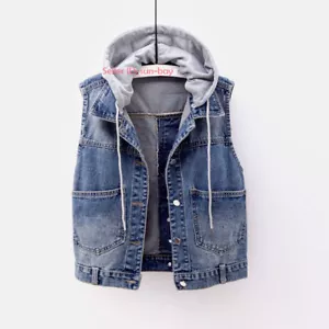 Damen Freizeitjeans Weste Cowboy Denim Weste ärmellos Kapuzenjacke Mantel - Bild 1 von 14