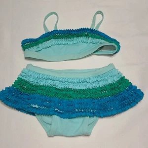 Old Navy Infant toddler Girls Swim Suit 12-18 Months blue green ruffles 2 piece - Picture 1 of 3
