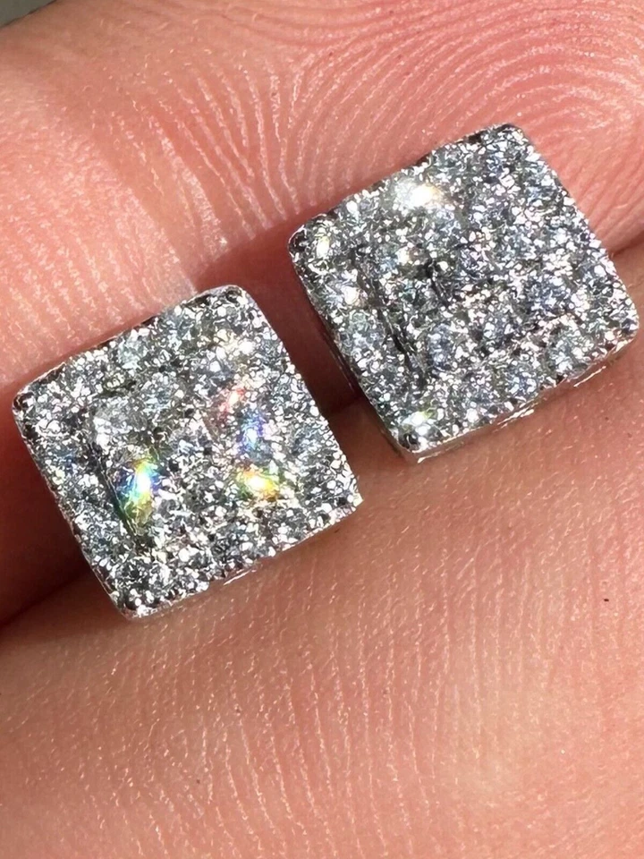 1.32ct VVS Real Diamond Men's Solid 925 Silver Iced Hip Hop Square Earrings 8mm - Image 1 of 4