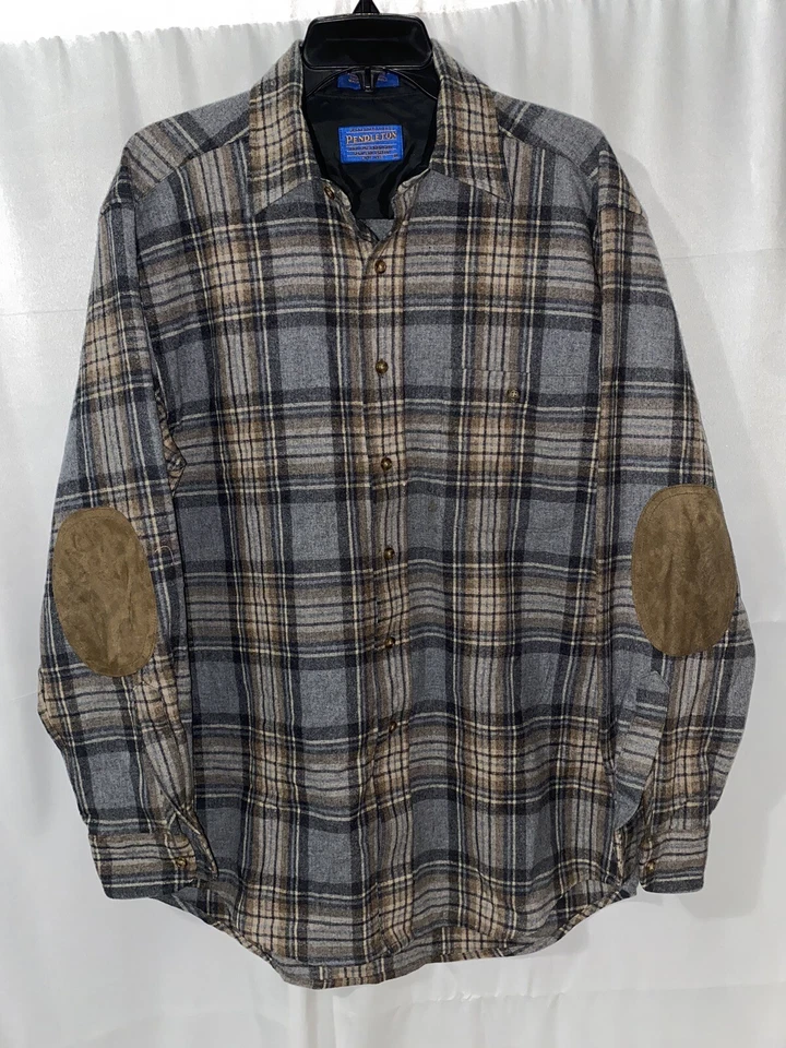 Pendleton Plaid Elbow Patch 100% Virgin Wool Long Sleeve Button Down Shirt Men M - Image 1 of 4