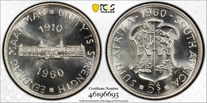 1960 South Africa Silver 5 Shillings, 50th Anniversary, PCGS PL-67 - Afbeelding 1 van 11