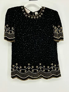 Lawrence Kazer New York Black Brown Pearl Embellished Sequined Top Women's PS - Picture 1 of 16