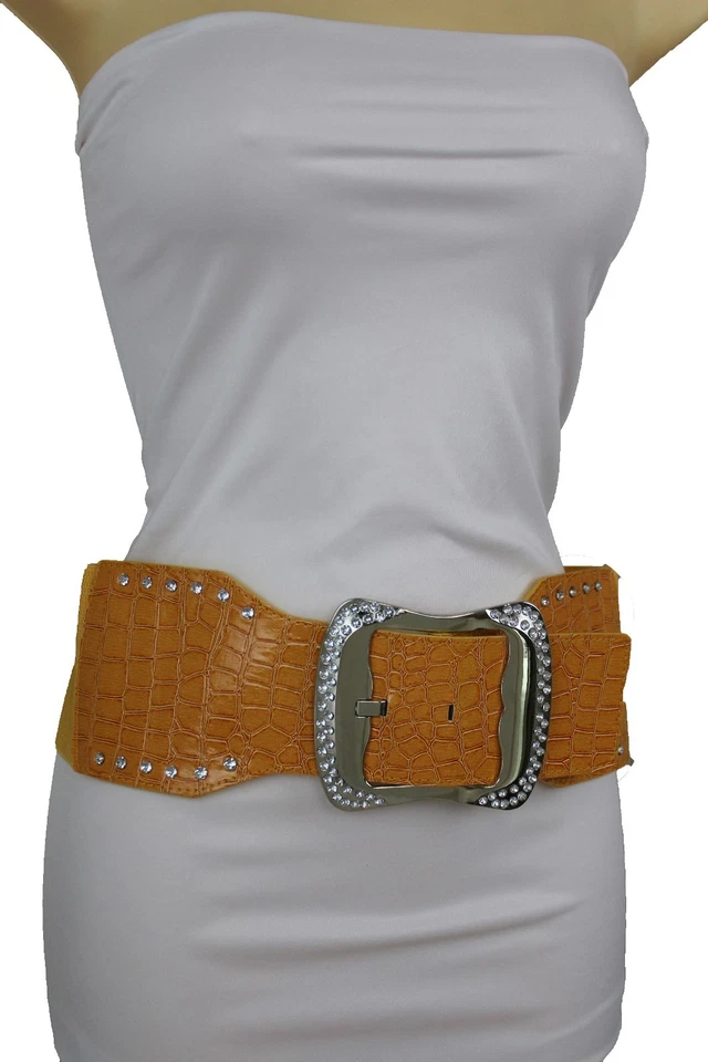 Mujeres Moda Imitación Cuero Naranja Cinturón Ancho Plateado Metal Hebilla Cadera Cintura S M Foto 1 de 4