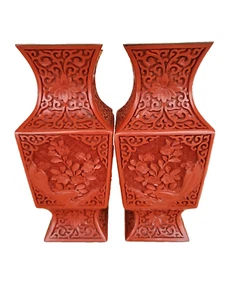 9" Da Qing Qianlong Marked Old Red Lacquerware Dynasty Flower Bottle Vase Pair - Picture 1 of 7
