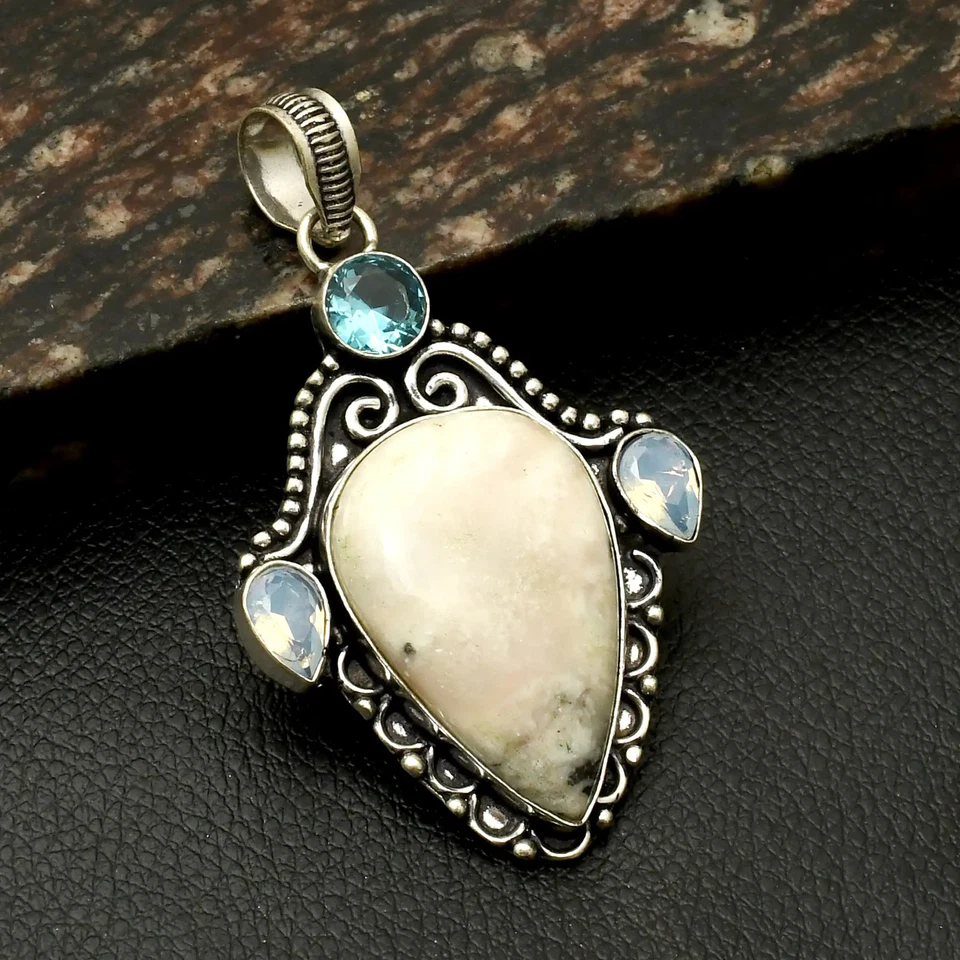 Joyería colgante étnica hecha a mano de piedras preciosas opalita serafinita aguamarina 2,6" AP-38996 Foto 1 de 1