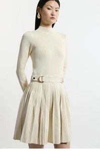 New Karen Millen Medium Knitted Skater Dress Cream Ecru PU Leather Long Sleeve - Picture 1 of 18