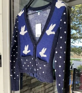 Knitted Dove Sweater Women's XS Navy Marine Peaceful Bird Cardigan Anthropologie - Picture 1 of 10