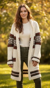 Abrigo Cárdigan Largo Vintage Hecho a Mano Crochet Boho Southwestern Crema Marrón Óxido M - Imagen 1 de 8