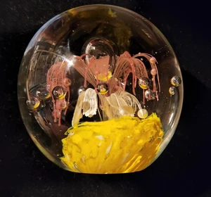 Vintage BULLICANTE Kunst Glas mundgeblasen Briefbeschwerer gelbe Blume Luftblasen - Bild 1 von 7