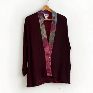 Yasuko Damen M Burgunderrot Vintage Kimono Seide getrimmt Staubtuch vorne offen Cardigan - Bild 1 von 5
