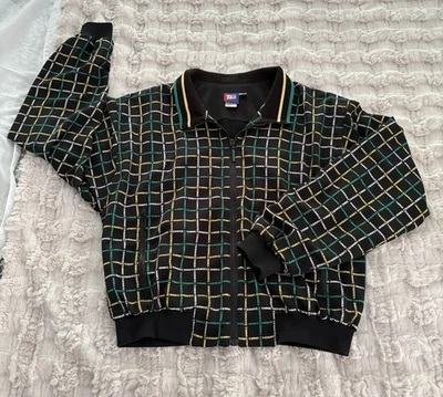 Vintage TAIL Tennis Print Full Zip Bomber Jacket. Pockets. Black Green Yellow. M - Image 1 of 4
