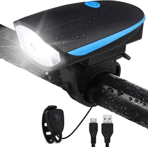 Fahrrad LED Frontlicht 120dB Hupe USB Taschenlampe Laterne elektronische Klingel - Bild 1 von 10