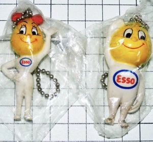 Rare Esso Boy Girl Keychain Set Mini Figure Yellow Man Car Drop Oil Gas Japan - Picture 1 of 2