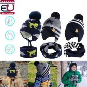 Winter Bobble Hat & Scarf Set Kids Ear Flap Fleece Lining Warmer for Boys Girls - Picture 1 of 14