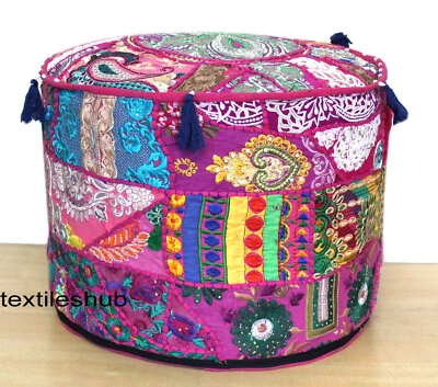 Pink Pouf Cover Cotton Ottoman Indian Handmade Sari Patchwork Floor Sofa Throw - Image 1 of 4