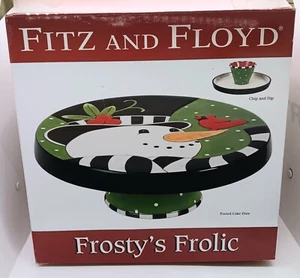 2011 Fitz And Floyd Christmas Frostys Frolic Footed Cake Plate Chip Dip Snowman - Picture 1 of 3