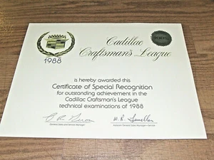 Cadillac Craftsman's League 1988 premio de reconocimiento especial 11"" x 8 1/2"" (repop) - Imagen 1 de 2