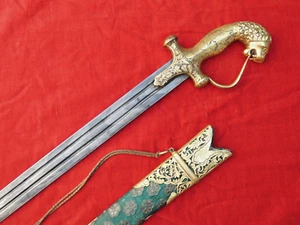 SUPERB INDIAN HUNTING SWORD CHEVRON PATTERN DAMASCUS BLADE Tiger Hilt dagger 19c - Picture 1 of 24