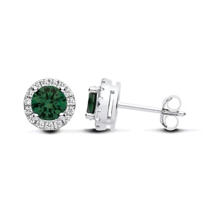 Sterling Silver 925 simulated Emerald & CZ Halo Cluster Round Stud Earrings - Picture 1 of 6