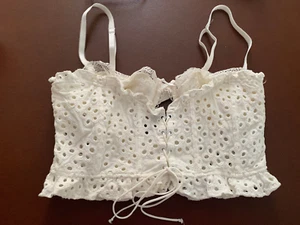 For Love & Lemons Eyelet Lace Up Yvory Corset Blouse Crop Top Size XL - Picture 1 of 5