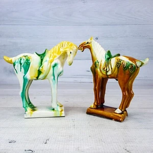 Vintage Chinese Tang Dynasty Majolica Sancai Drip Glaze War Horse Figurine Set 2 - Picture 1 of 10