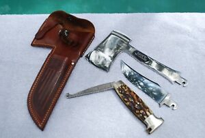 *CASE XX Stag Handle Knife Hatchet Combo 1935 Patent Date Belt Sheath Bowie Rare