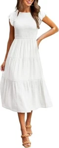 Merokeety Flutter Short Sleeve Smocked Tiered A-Line Midi Dress - White - Large - Picture 1 of 2