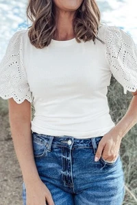 Women's Top- Eyelet Short Sleeve Patchwork Ribbed Top - Picture 1 of 8