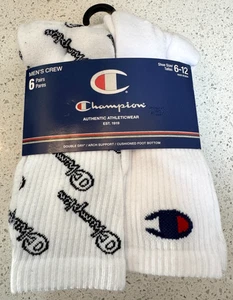 Champion Script 6 Pair Crew Socks Black White Men’s Size 6-12 NEW with tags - Picture 1 of 4