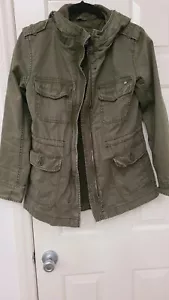 AMERICAN EAGLE OUTFITTERS KHAKI GREEN SIZE SMALL ZIP UP MILITARY JACKET W/ HOOD - Picture 1 of 7