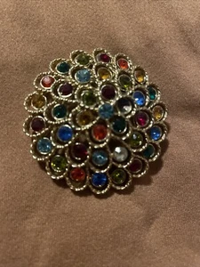 Vintage goldfarbene runde Brosche mit mehrfarbigen Steinen - Bild 1 von 4