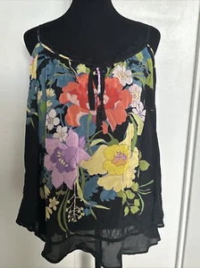 Johnny Was Black Floral Cold Shoulder Fusion Tie Tassel Blouse Shirt Women Small - Picture 1 of 7