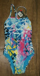 New w/tags Speedo Racer Back 1 Piece Swimsuit Geometric  Size 26 Girls Ages 7-8 - Picture 1 of 2