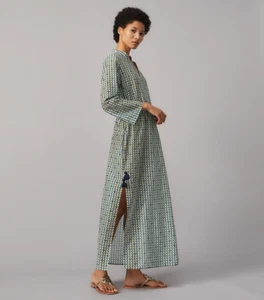 NWT Tory Burch 100% Cotton Print Long Caftan Basketweave Ivory Geo Dress Tall XS - Picture 1 of 18