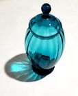 Vintage Italian Empoli Glass Apothecary Jar Lid Blue Green Optic Ribbed 8"1/2 
