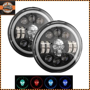 Pair 7" H4 H13 LED Headlights Headlamps DRL Halo Skull Fits CLASSIC CARS - Picture 1 of 4