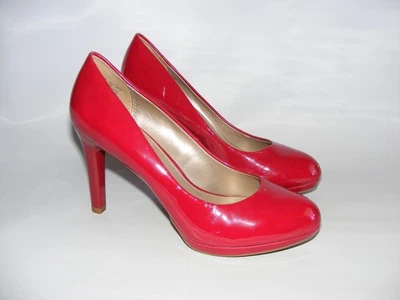 Sapatos femininos Bandolino tamanho 7,5 M couro envernizado vermelho salto alto biqueira redonda - Imagem 1 de 4