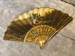 Antiker doppelseitiger Fächer handbemalt vergoldet geschnitzte Stöcke 19. Jh. Nachlass Fund NR - Bild 1 von 19