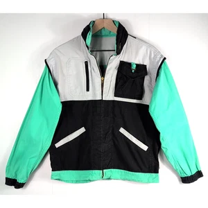 Vintage 80s 90s Colorblock Windbreaker Jacket Men’s L Green Black Gray Zip Up - Picture 1 of 19