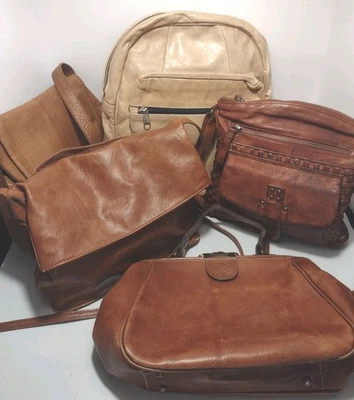 Lot of 5 Distressed Leather Bags—Backpack, Crossbody, Patricia Nash, Rolf's - Image 1 of 4