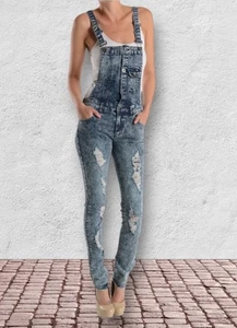 Acid Wash Destroyed Blue Jean Stonewashed Distressed Pullover Overall Skinny Legs - Bild 1 von 7
